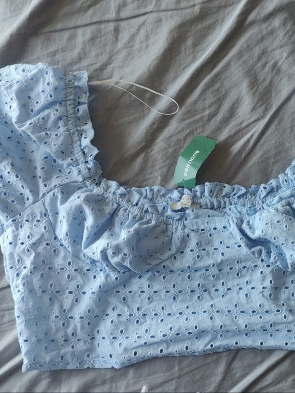 Pale Blue Eyelet Ruffle Waist Top